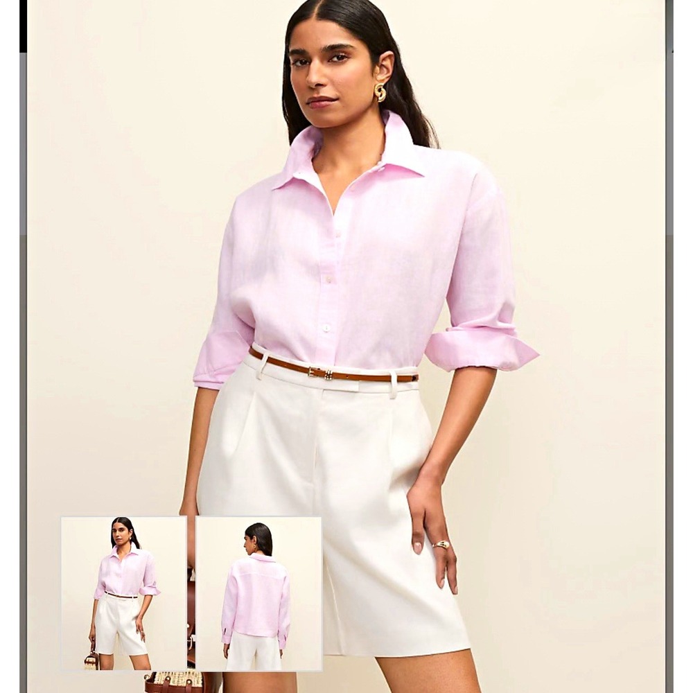 Ann Taylor Women's XS Pink 100% Linen Woven Collared Button-Up Long Sleeve Flaw